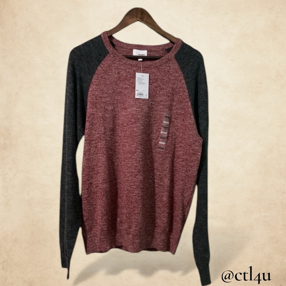 NWT Sonoma Supersoft Raglan Sweater Red Gray M Casual Minimalist Preppy Layering